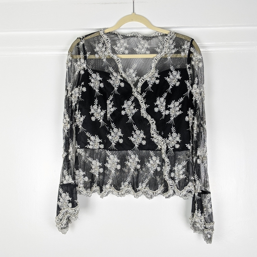 Vintage 90s Beaded Pearl Sheer Bell Sleeve Top